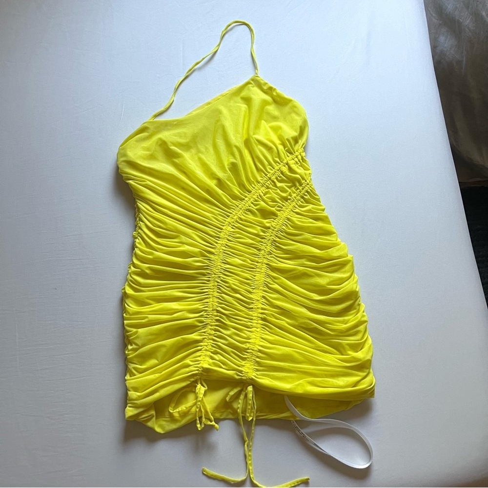 NWT MISTRESS ROCKS yellow mesh knit ruched asymmetrical sleeveless bodycon mini